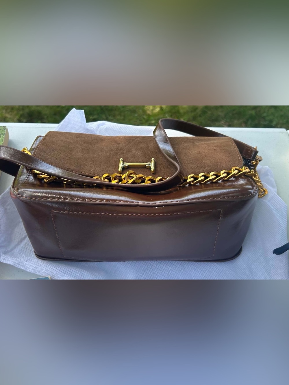 Brown Leather & Suede Shoulder Bag with Gold Chain